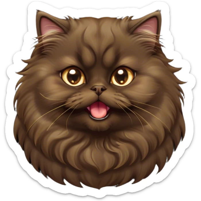 Cinematic Adorable Big-Eyed Fluffy Dark Brown Persian Cat Portrait Emoji, Head tilted playfully with a cute, exaggerated yawn, fluffy dark brown fur with rich caramel and gold undertones, Simplified yet irresistibly cute features with large, expressive eyes, highly detailed, glowing with a warm and gentle glow, high shine, a mix of affectionate and sleepy, stylized with a touch of whimsy, bright and full of charm, soft glowing outline, capturing the essence of a fluffy, loving kitty yawning in the most adorable way, so endearing it feels like it could leap out of the screen and stretch out for a cuddle! sticker