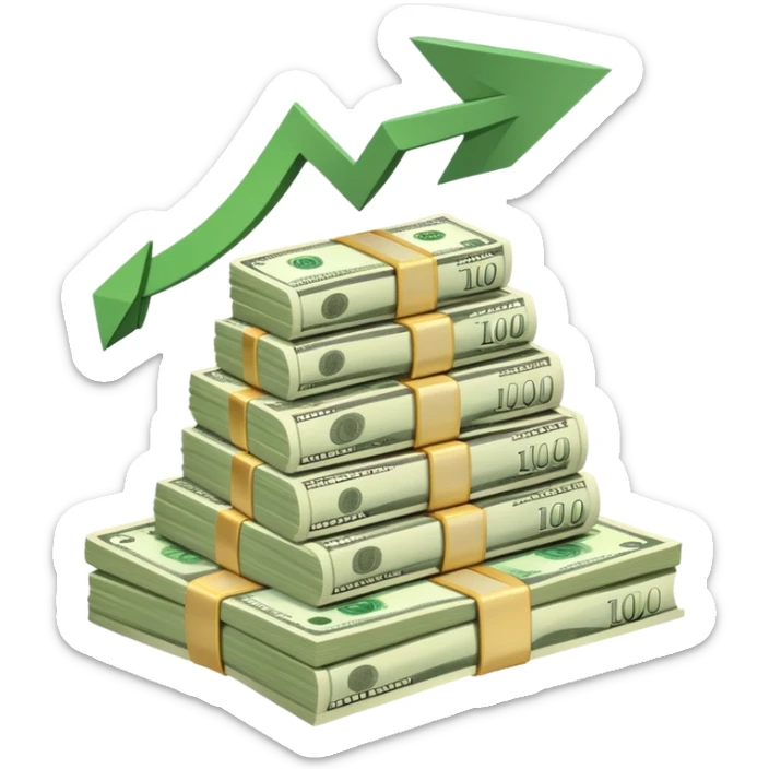 upward arrow next to a growing stack of cash money bills, financial growth sticker