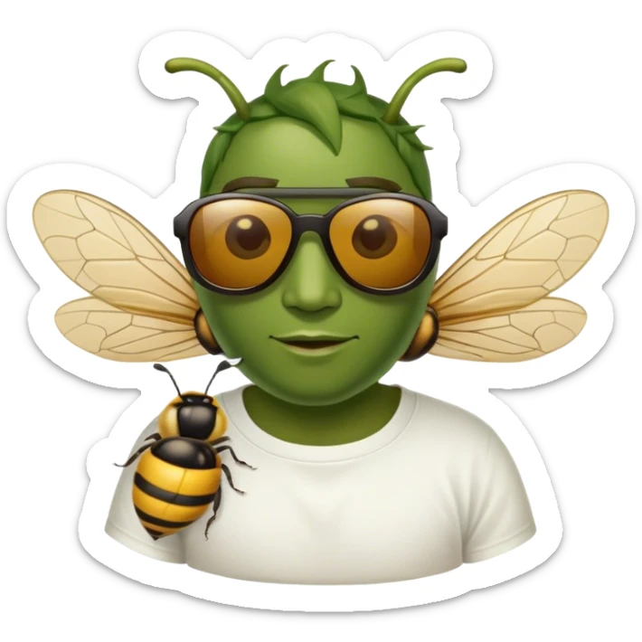 Chile verde jalapeño con lentes de sol y una playera blanca con la imagen de una abeja sticker