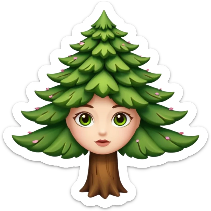 Petit sapin vert sylvestre, féminin, regard malicieux, tâches de rousseurs délicates, joues roses. Yeux de biche brillants en forme amande, yeux couleur ambre, tronc couleur acajou. Sapin en mouvement, incurvé pour un effet vivant. sticker