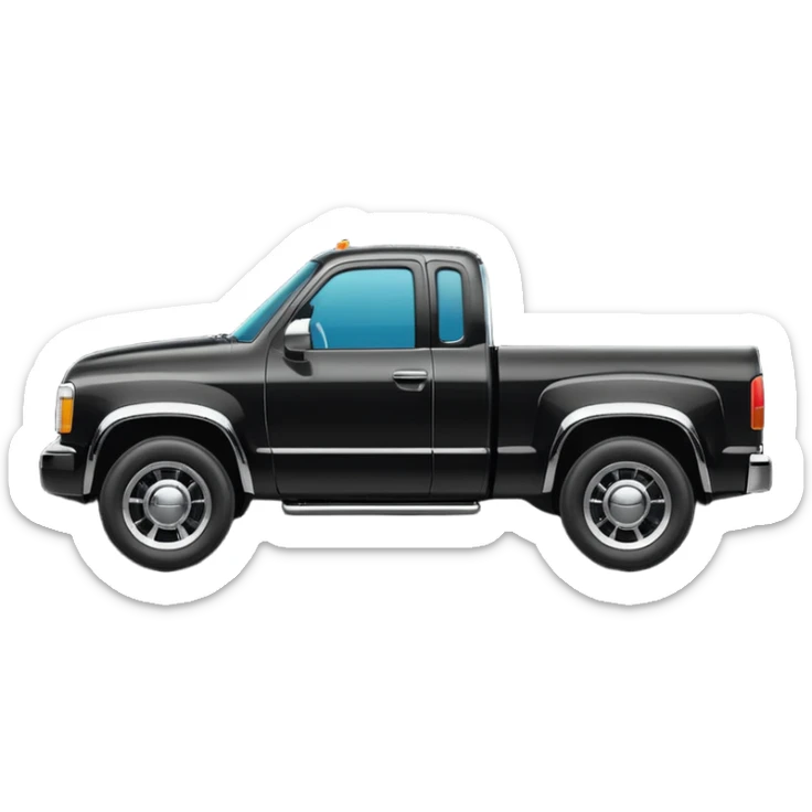 A simple emoji-style icon of a black pickup truck driving on a road with motion lines behind it, viewed from the side, shiny black color with chrome details, minimal flat design, vibrant colors, transparent background sticker