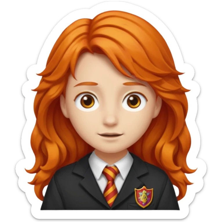 A iphone emoji with long wavy fierce orange hair and hazel eyes, wearing Gryffindor school uniform sticker
