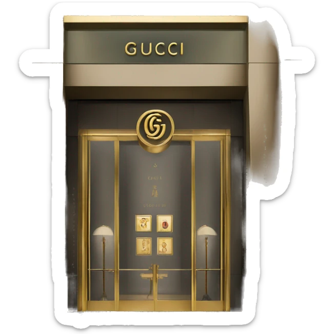 “Gucci store exterior with gold logo above entrance, large glass windows displaying luxury fashion, and elegant double doors.” sticker