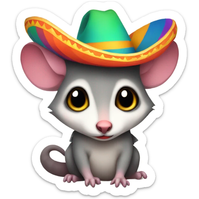 Possum with skinny tail wearing a colorful sombrero  sticker