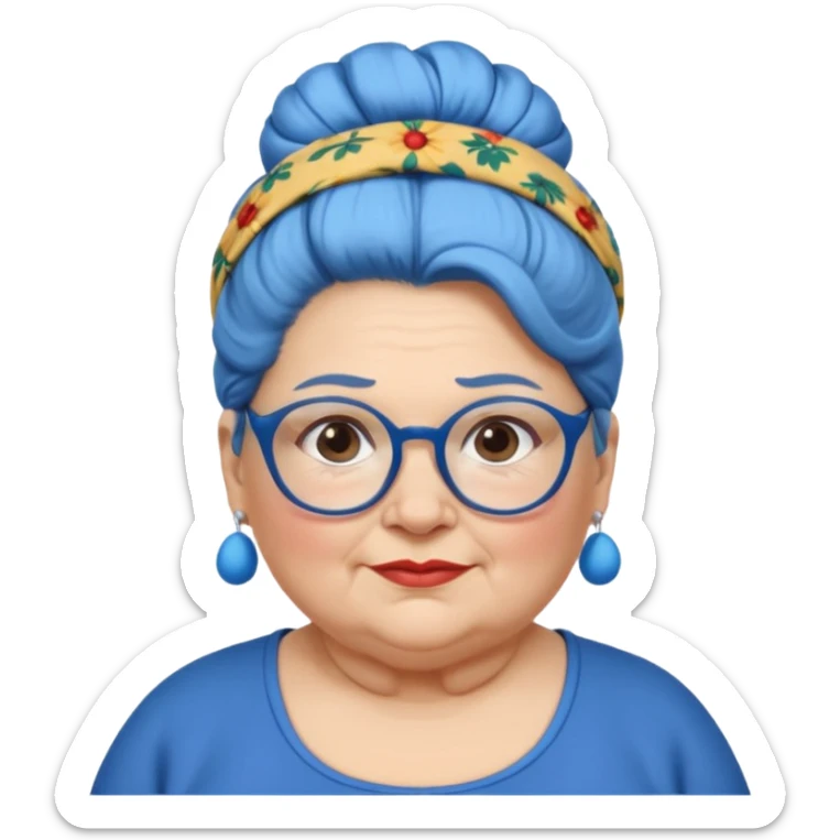 fat old woman with blue big bun hair and glassess and headband, no earrings sticker
