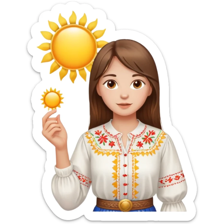 Young Ukrainian girl with brown hair wearing a white embroidered traditional shirt holding a bright sun in her hand sticker
