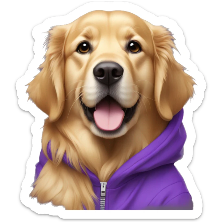 golden retriever in purple hoodie. Write Suman on hoodie in white letters sticker
