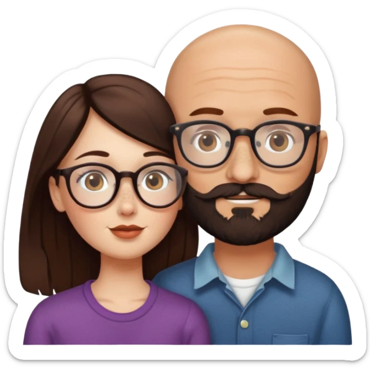 Couple. Bald man with dark brown-black beard. White woman with many small, faded freckles, she has white skin and she has auburn-brown-cinnamon, dark long hair. She has light brown eyes. The man have hazel eyes and the man wear glass. She have light eyes. Retro style. She kisses him. sticker