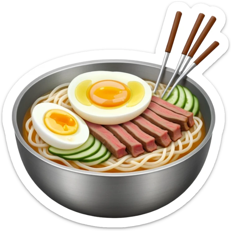 Korean cold noodles (naengmyeon) in a metal bowl, with thin noodles, sliced beef broth, and a half boiled egg on top, julienne cucumber, iPhone emoji style sticker