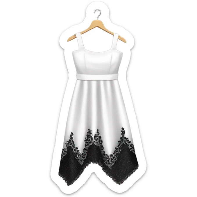 Realistic isolated long fancy beautiful feminine white square neck dress with shiny glitter black sequin lace and split up the leg of the dress on a clothes hanger. sticker