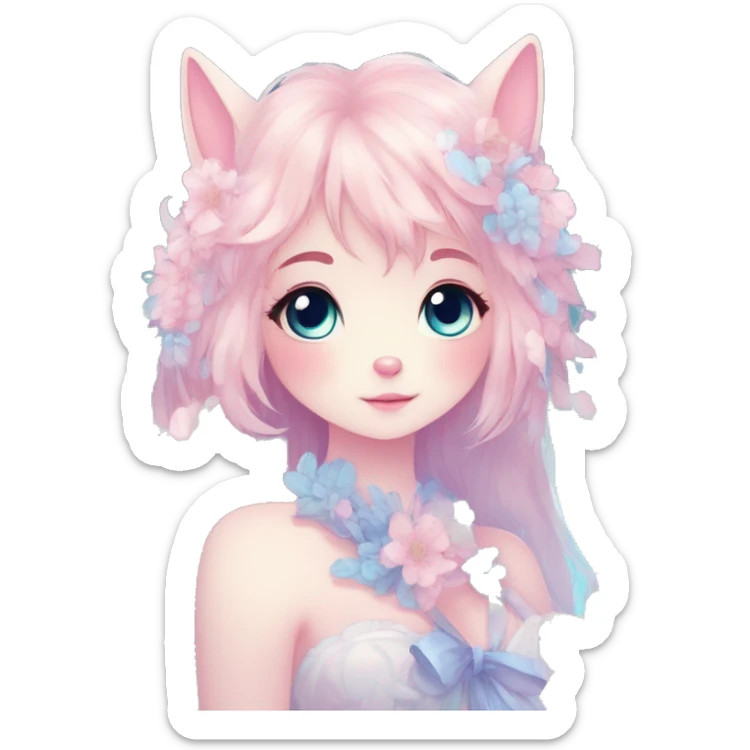 Anthro Cute Cool Blushing Pastel Innocent Shy Kawaii gorgeous sparkly ethereal fantasy anime animal creature with blue eyes furry sona with flowers and ribbons beautiful aesthetic sticker