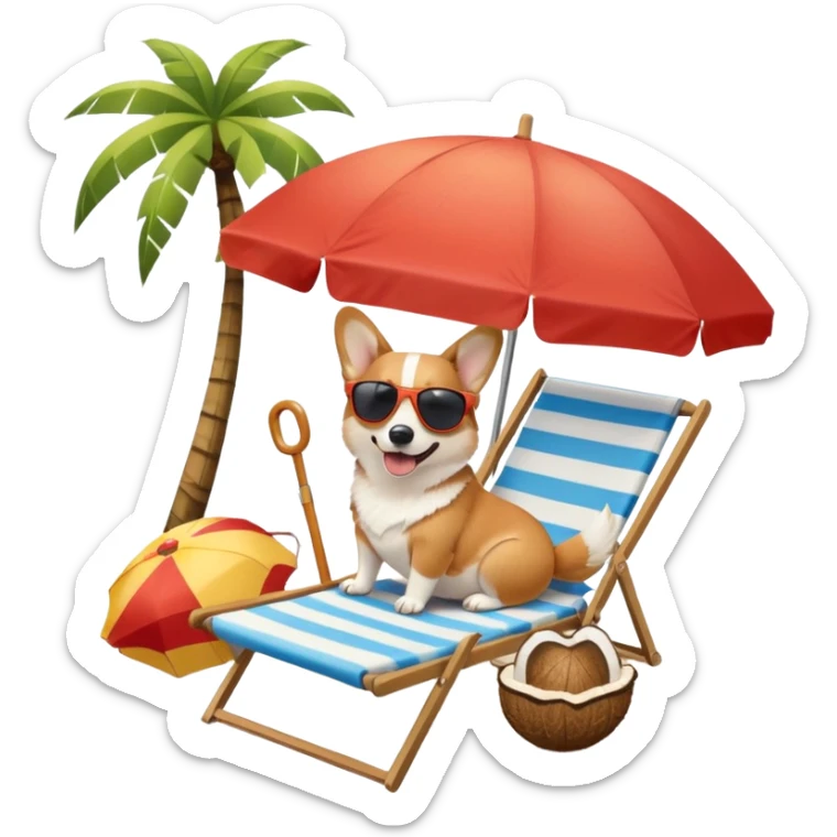a corgi dog laied on a beach chair, a sunny beach, a sun umbrella, and beach coconut trees. the icon should capture the essence of a relaxing beach vacation with a carefree atmosphere sticker