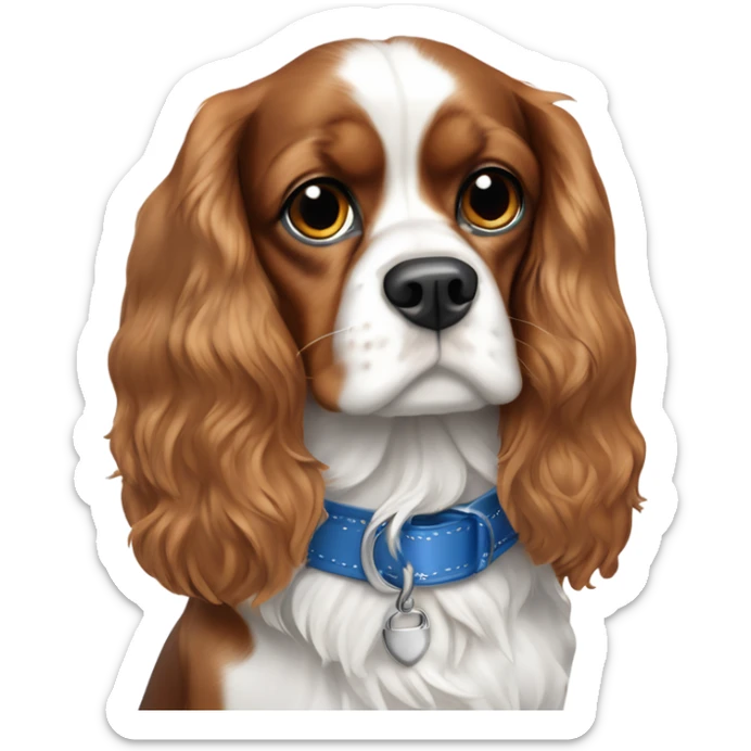 king cavalier Charles dog in a blue collar with fhe own spots on his white nose  sticker