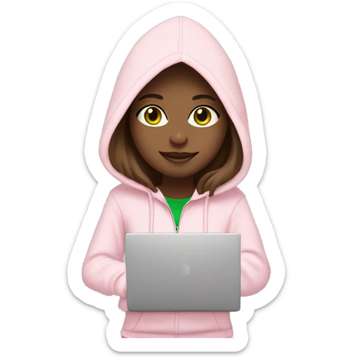 a girl with brown long hair, light beige skin, green eyes, is working relaxed at a modern laptop in a monochrome pale pink zip hoodie with a hood and a pink monochrome T-shirt sticker