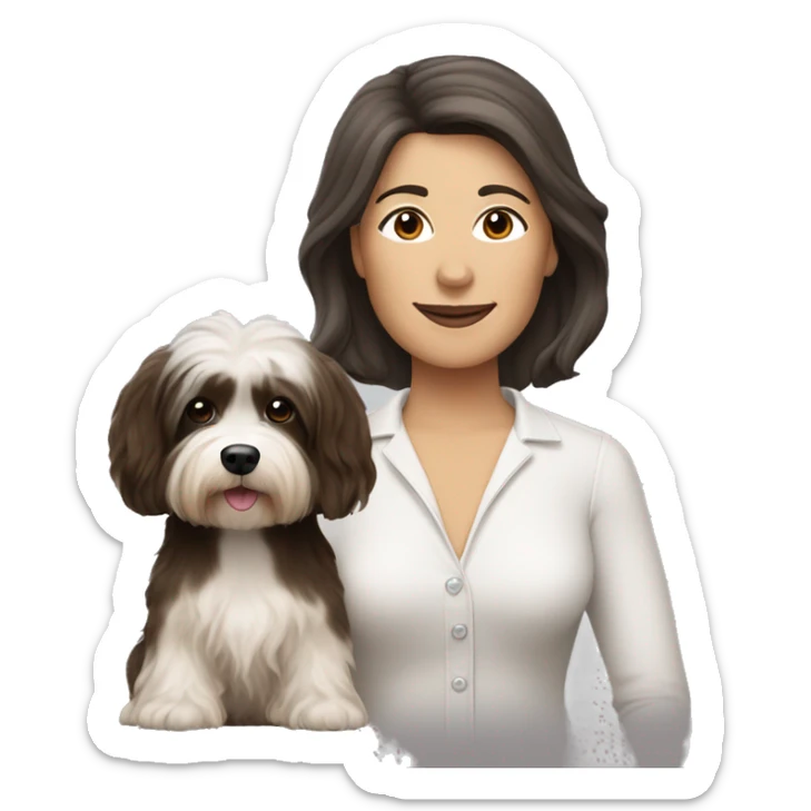 tan skinned middle aged woman with brown hair, with black and white havanese dog sticker