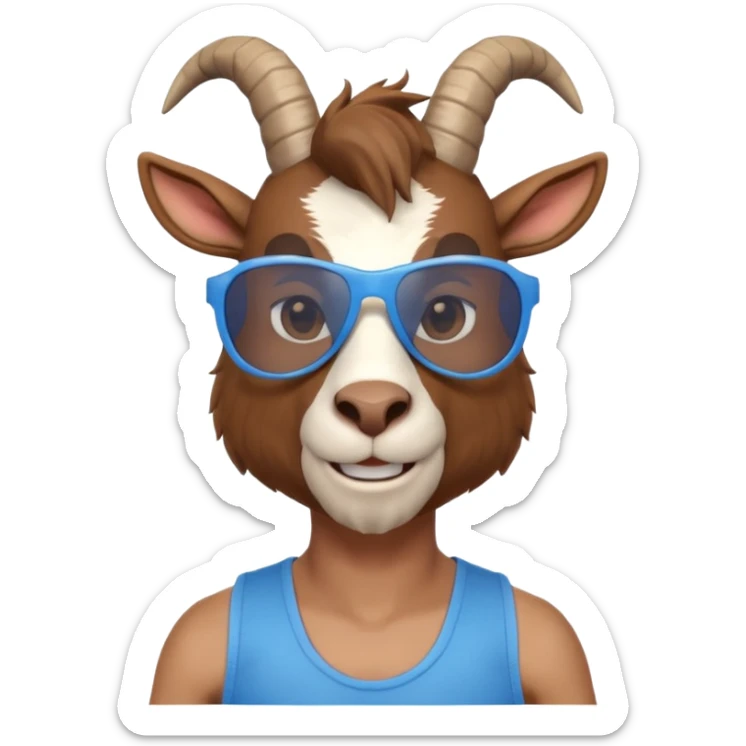 3D cartoon goat man portrait, head and shoulders, brown fur, small horns, blue reflective sunglasses, slight smile, tank top, soft lighting, centered, clean background, no text, no watermark
 sticker