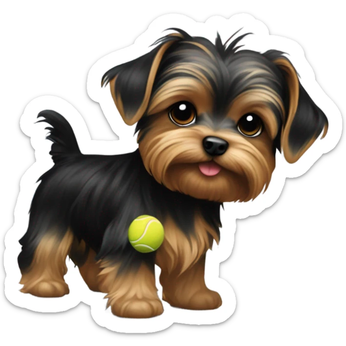 Yorki Puppy black and golden with a tennis ball sticker