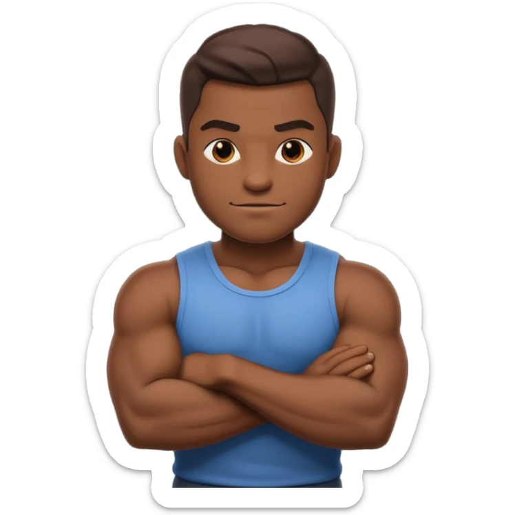 A confident, muscular cartoon male character with dark skin, crossed arms, smirking expression, bold, minimalistic lines, warm shadowing, stylized as an emoji icon. sticker