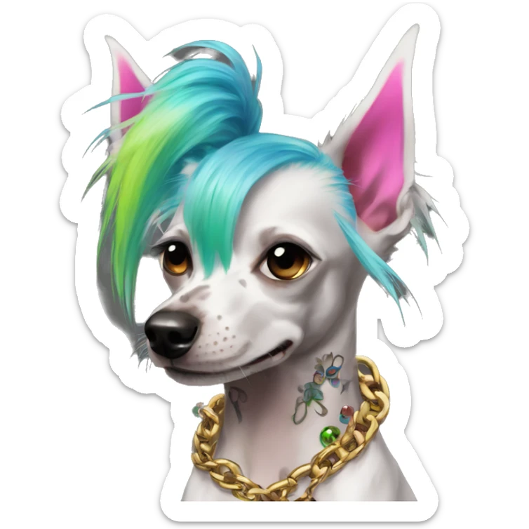 Punk Chinese crested dog neon rainbow hair gold chain punk piercings tattoos punk ear piercings sticker