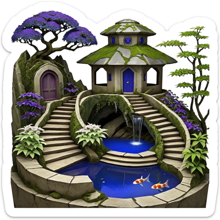 Alien saucer house jungle-vines precarious narrow stairway fountain koi pond mountain-island getaway nighttime landscape antique mudman very old broken cracked intricate Stone Age lapis-crusted irregular dodecagon-shaped shallow dark moss rough bark violet serissa flowered maple tree bonsai pot sticker