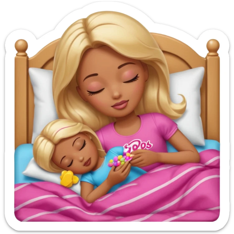 Brown skin blonde hair Barbie sleeping in bed with eyes closed with candy sticker