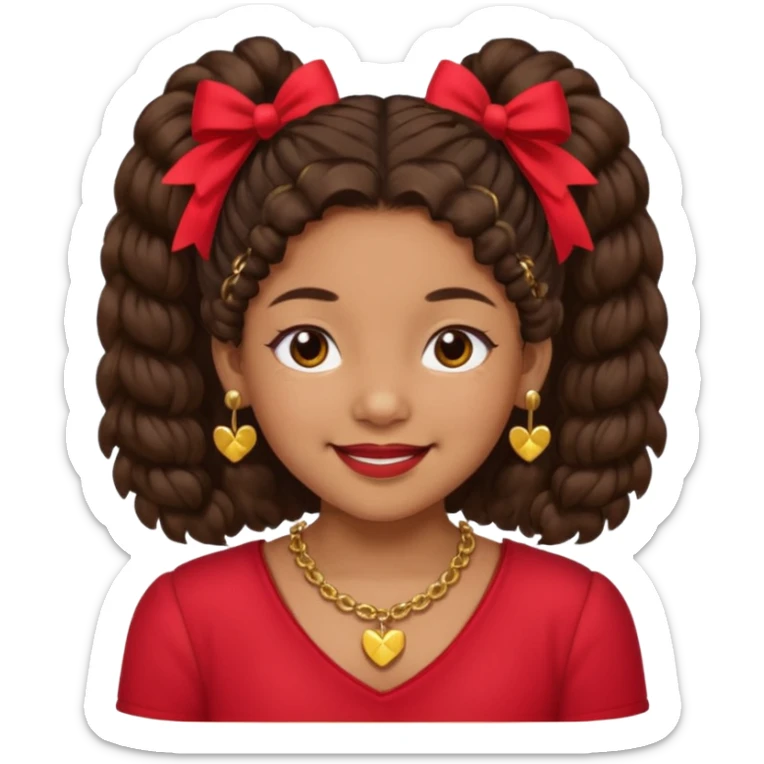 Brownskin girl dark brown hair fluffy. pigtails with red bows brown eyes smiling closed mouth red shirt gold esrrings gold necklace sticker