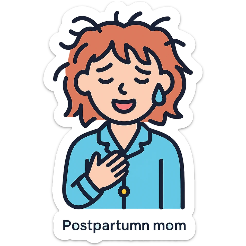 postpartum mom, expression of relief and exhaustion, messy hair, pajamas, minimalist background, colorful icon style sticker