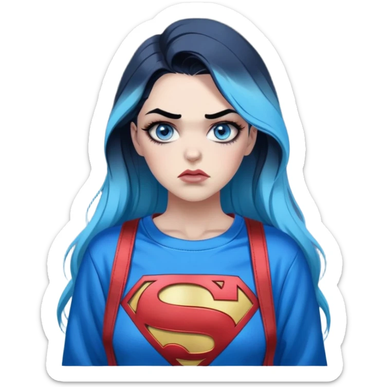 Female-Very tall-very very very large chest-really angry-waiting for a text-very long straight flat black to sky blue hair ombre-blue eyes-black eyeliner-long eyelashes-iridescent superman sweatshirt with glitter superman logo-overalls-lip pierced sticker