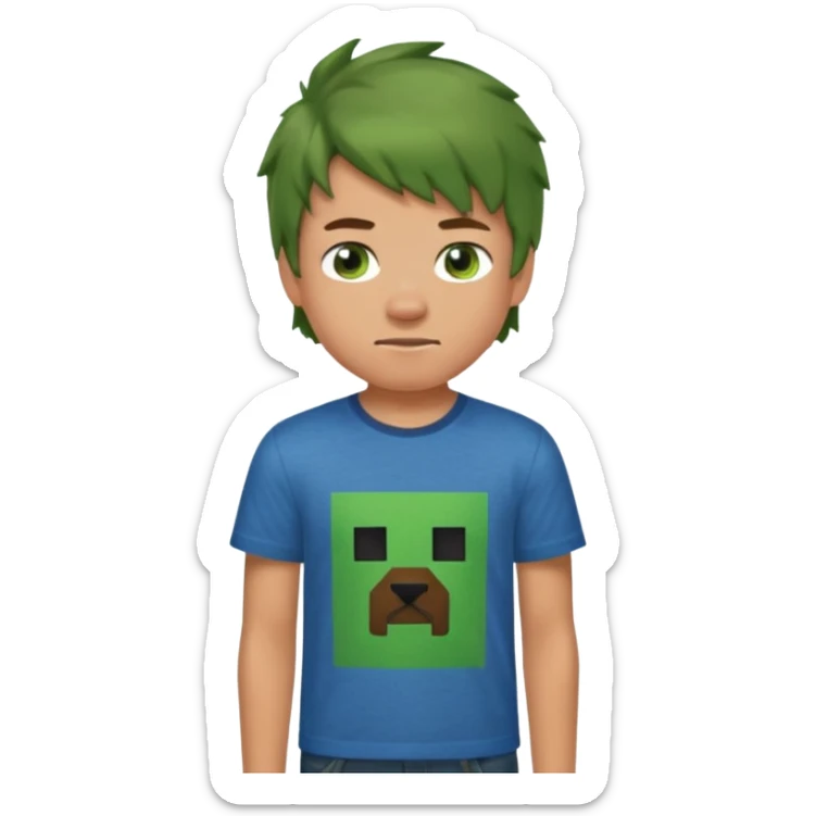 A 14 yerar old teenage boy, slightly tanned, wearing a green minecrcaft tshirt, blue jeans and green sneakers with brown tousled hair, smirking sticker