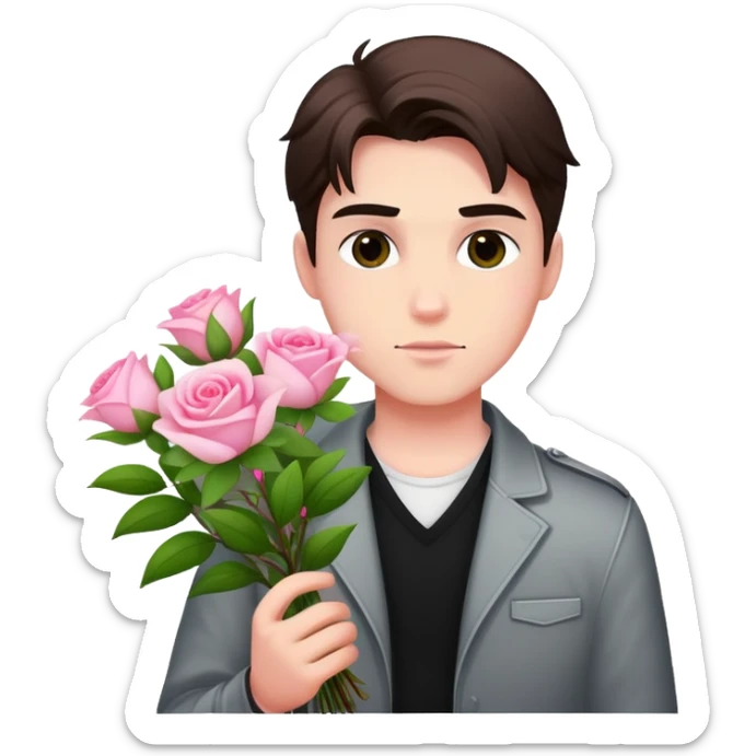 A cool bad boy with fair skin holding a bouquet of pink jasmine roses sticker