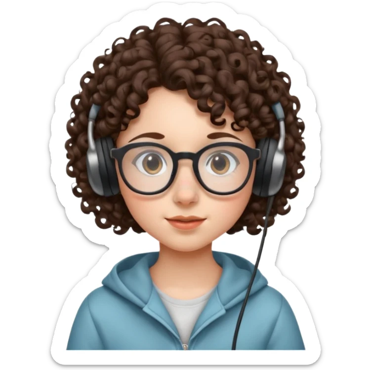 brunette kid with unique face features and very curly hair kid girl neutral and big glasess and big nose and dark eyes with freckles kind of nerd looking and headphone wearing sticker