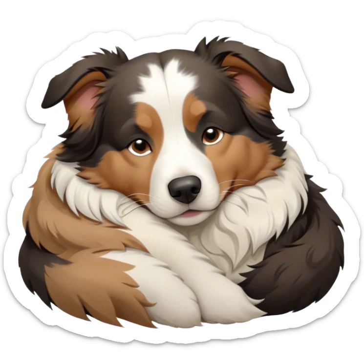 Cinematic Chubby Sleeping Tri-Color Australian Shepherd Portrait Emoji, Chubby and serene, with a round, adorable build and a plush tri-color coat of black, white, and tan, eyes gently closed in peaceful slumber, Simplified yet irresistibly endearing features, highly detailed, glowing with a gentle, dreamy glow, high shine, relaxed and content, stylized with a touch of whimsy, bright and heartwarming, soft glowing outline, capturing the essence of a blissfully sleepy herder, so comically serene it feels like it could roll out of the screen and snore with adorable charm! sticker