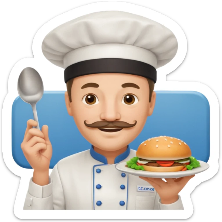 Est-ce que tu peux me faire un chef cuistot qui ressemble à Philippe Etchebest et qui est devant un restaurant? Est-ce que tu peux le faire souriant, avec une moustache de cuistot? 
 sticker