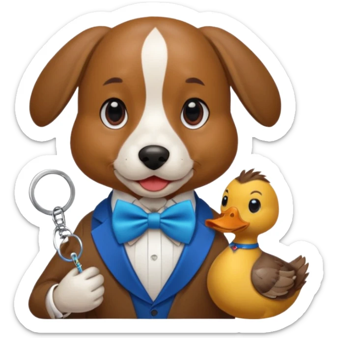 A dog holding keys in one hand and a duck in the other, all with a half-red, half-blue bow tie. sticker