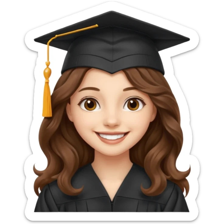 Graduated Students, Cheerful girl, long brown wavy hair, wearing graduation cap sticker