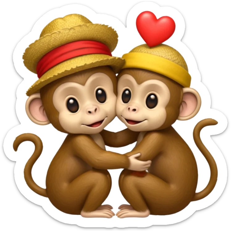 two cartoon monkeys hugging and kissing. The larger monkey is wearing a yellow straw hat like Luffy’s from One Piece. The smaller monkey is wearing a solid red headband. A small red heart floats between them to express affection. sticker