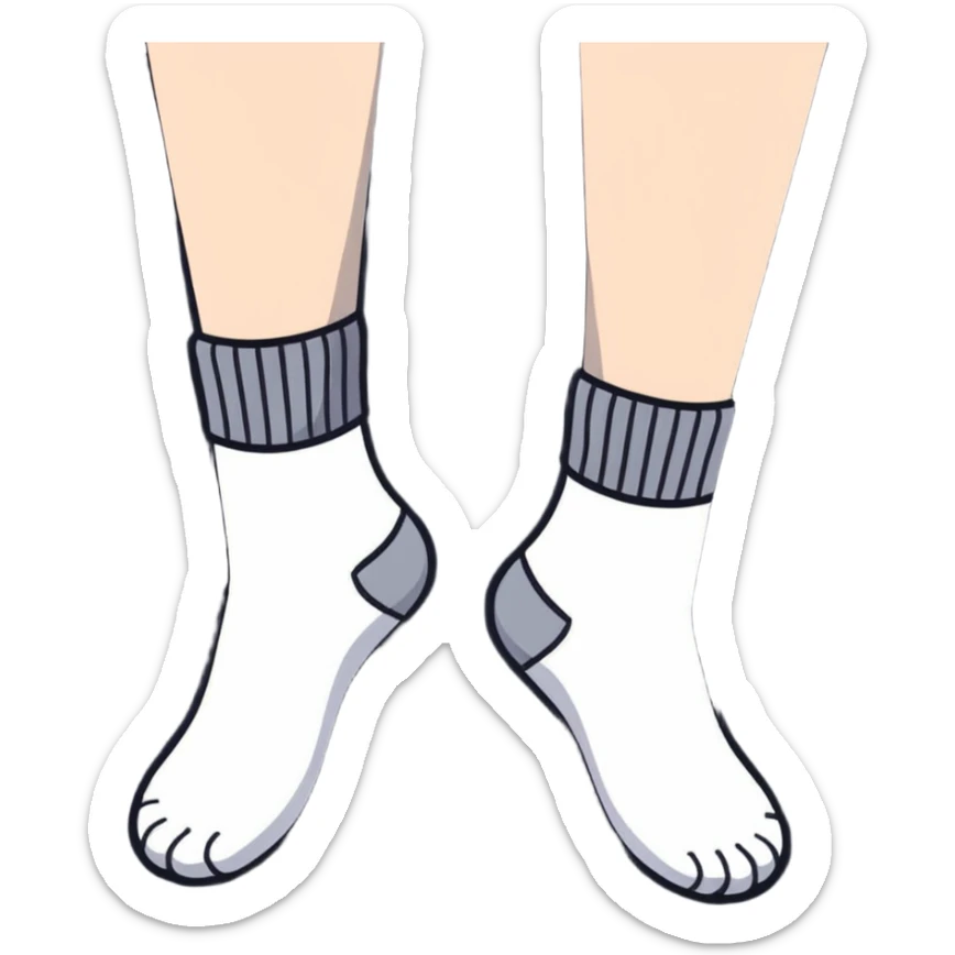 pair of feet wearing white cotton socks seen from below showing the textured soles sticker