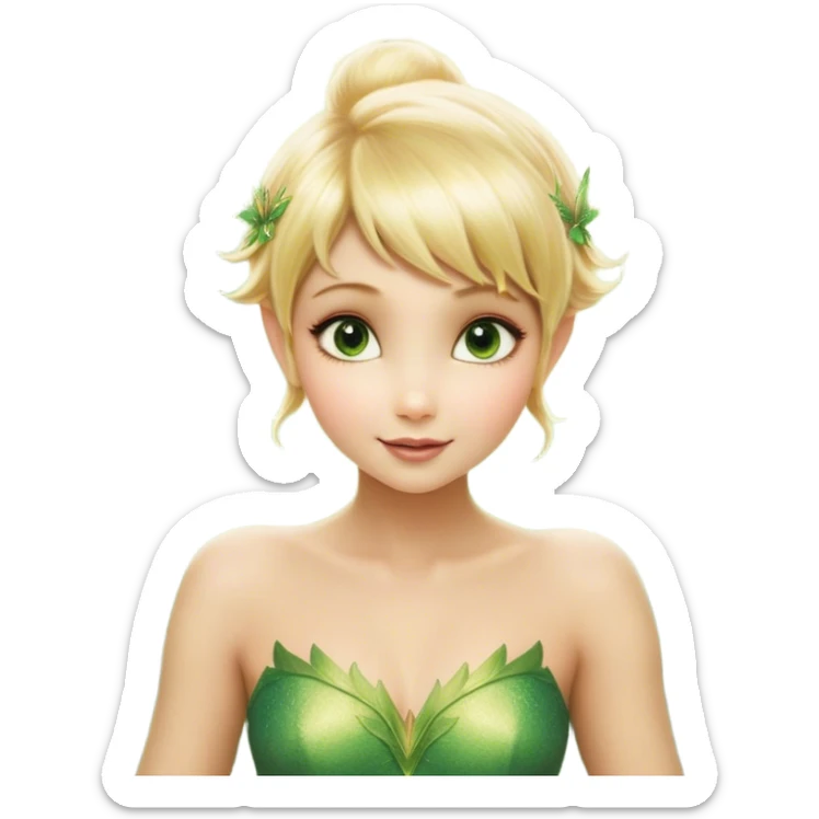 Cinematic Realistic Blonde Tinker Bell Fairy Portrait, depicted with lifelike, delicate skin glowing with a subtle radiant aura, soft natural lighting accentuating her gentle features, and intricately detailed golden blonde hair styled in a whimsical pixie cut. Her iridescent, translucent wings shimmer with delicate fairy dust, and her expressive, sparkling eyes reflect a world of magic. Adorned in a subtle blend of woodland greens and soft pastel accents, the portrait exudes an enchanting glow that seamlessly merges realism with fairy charm. sticker