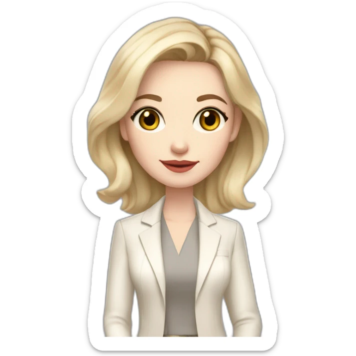 pale skin woman interior designer with cold blonde middle length hair, gray eyes, White oversize jacket, beige blouse, Gray skirt holding a color palette in the hands sticker