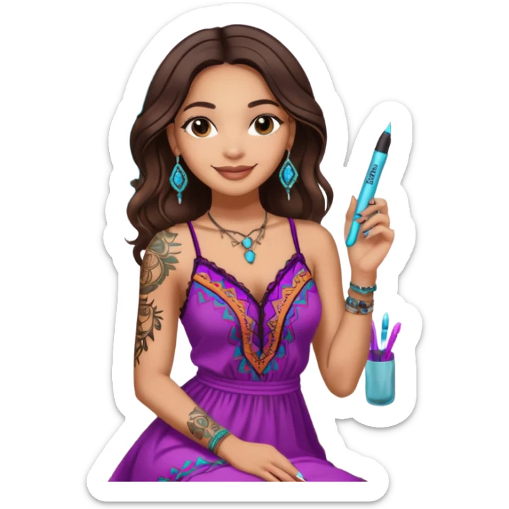 light skin latina standing up with brunette hair with a nice body and a nice boho dress with a hyaluronic pen in a beauty office with a neon sign in the back saying Joyfulipss Aesthetics with a black tattoo bed and have her smiling

 sticker