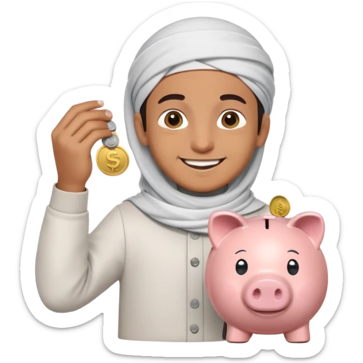 smiling Muslim boy carefully putting coins and bills into piggy bank, emoji style sticker