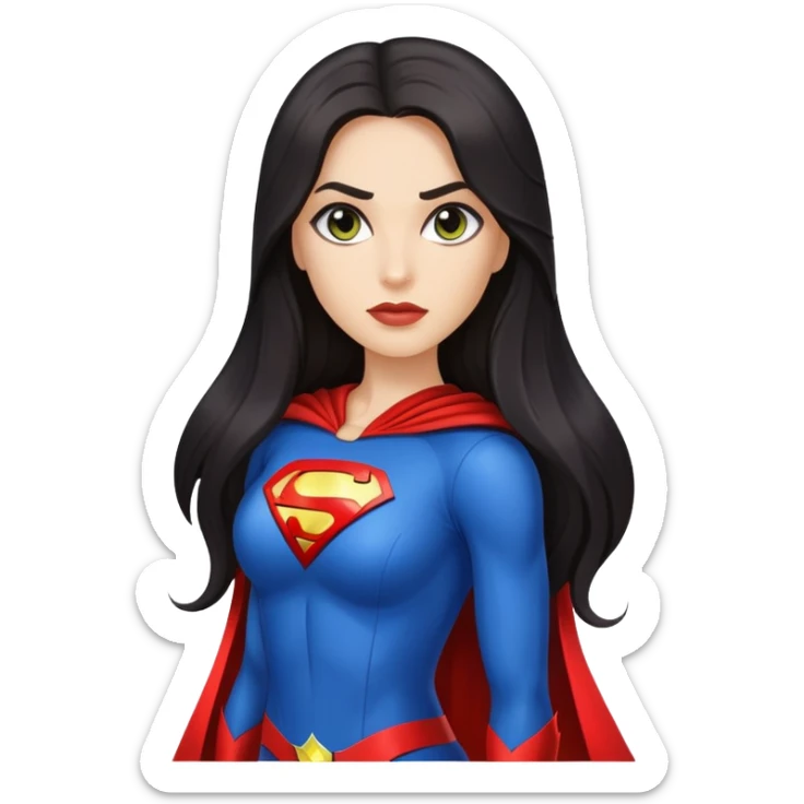 Pretty woman with very long dark hair and long face light skin smaller eyes and superhero outfit sticker