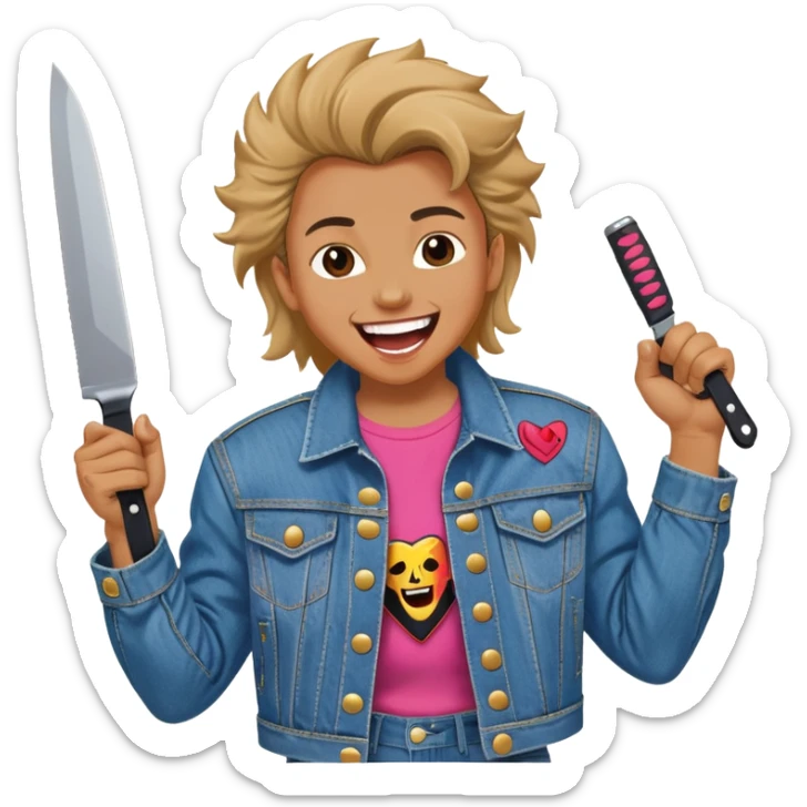 savage person wearing 80s 1988 outfit, denim jacket with shoulder pads, holding a knife, laughing maniacally sticker