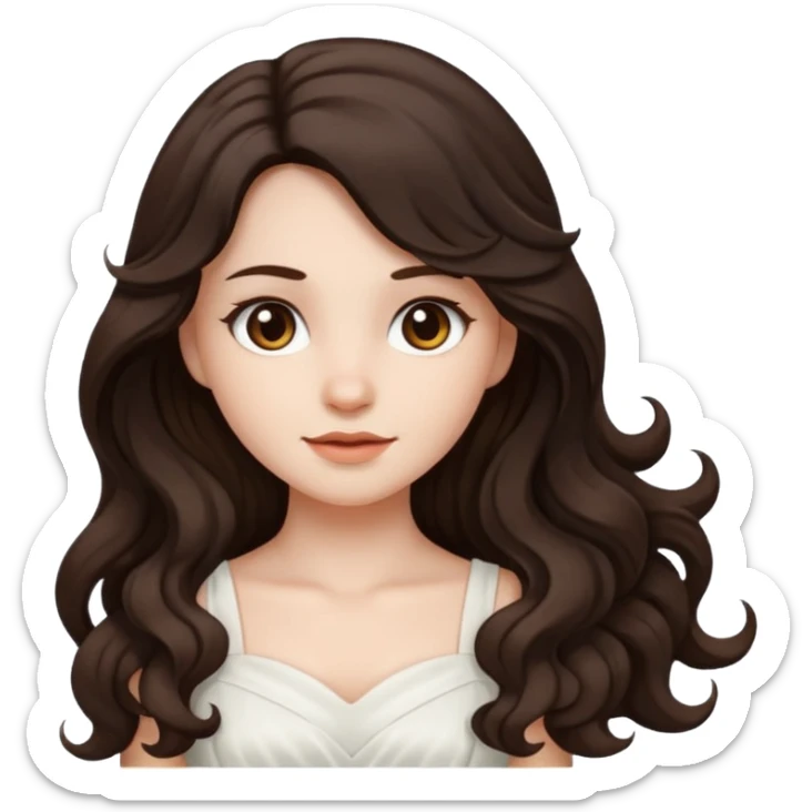 A girl in white with dark brown long wavy hair and very white skin sticker