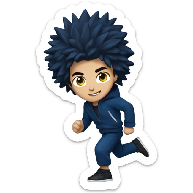 13-year-old Caucasian male martial artist boy running with big black spiky hair. He is wearing a dark blue headband, a dark blue hooded letterman jacket with dark blue sleeves and a black hoodie,  sticker