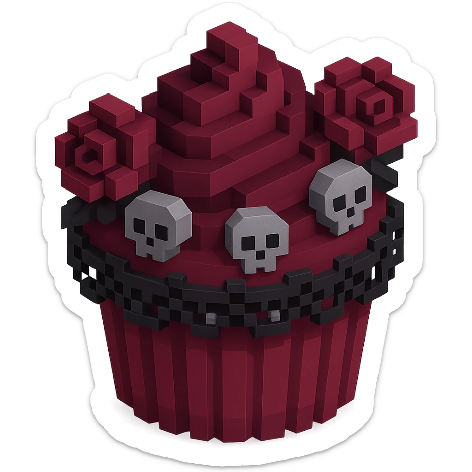 Gothic cupcake in voxel style, burgundy color, with gothic decorations such as black lace, tiny skulls, and dark roses, no background sticker