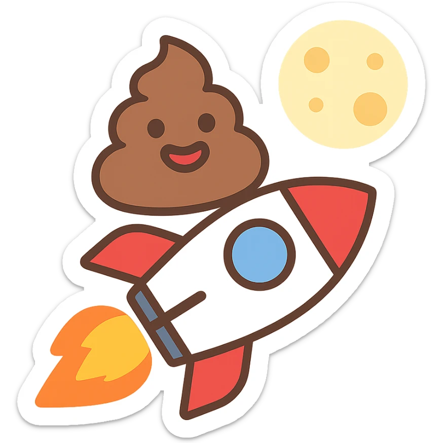 cartoon turd with lipstick sitting on a rocket flying toward the moon, colorful icon sticker
