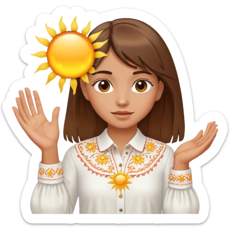 A young Ukrainian girl with brown hair wearing a white embroidered shirt holds the sun in her hands sticker