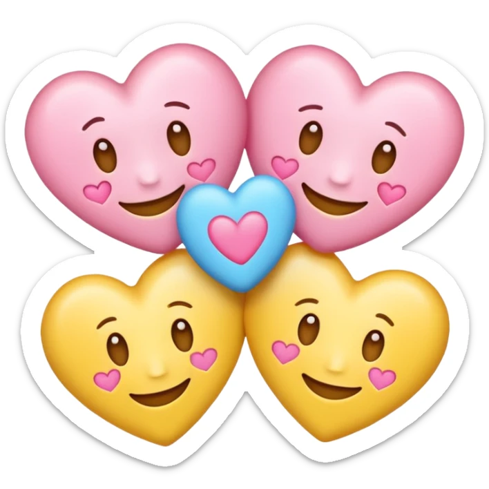 Smile caring emoji with 3 hearts, but the hearts are light blue, pink, and yellow.  sticker
