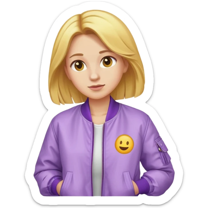 Generate an image of a golden hair women wearing lilac bomber jacket. Make in the style of emoji. sticker